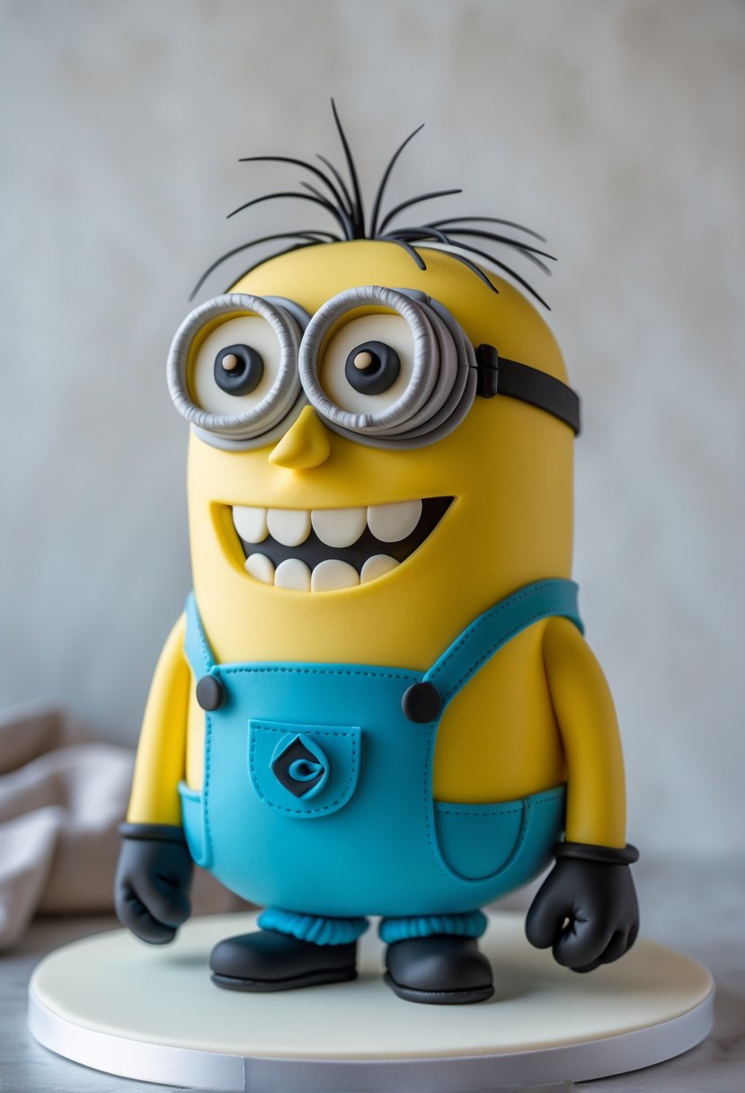 A 3D Minion character cake with edible goggles displayed on a white cake board against a neutral background.