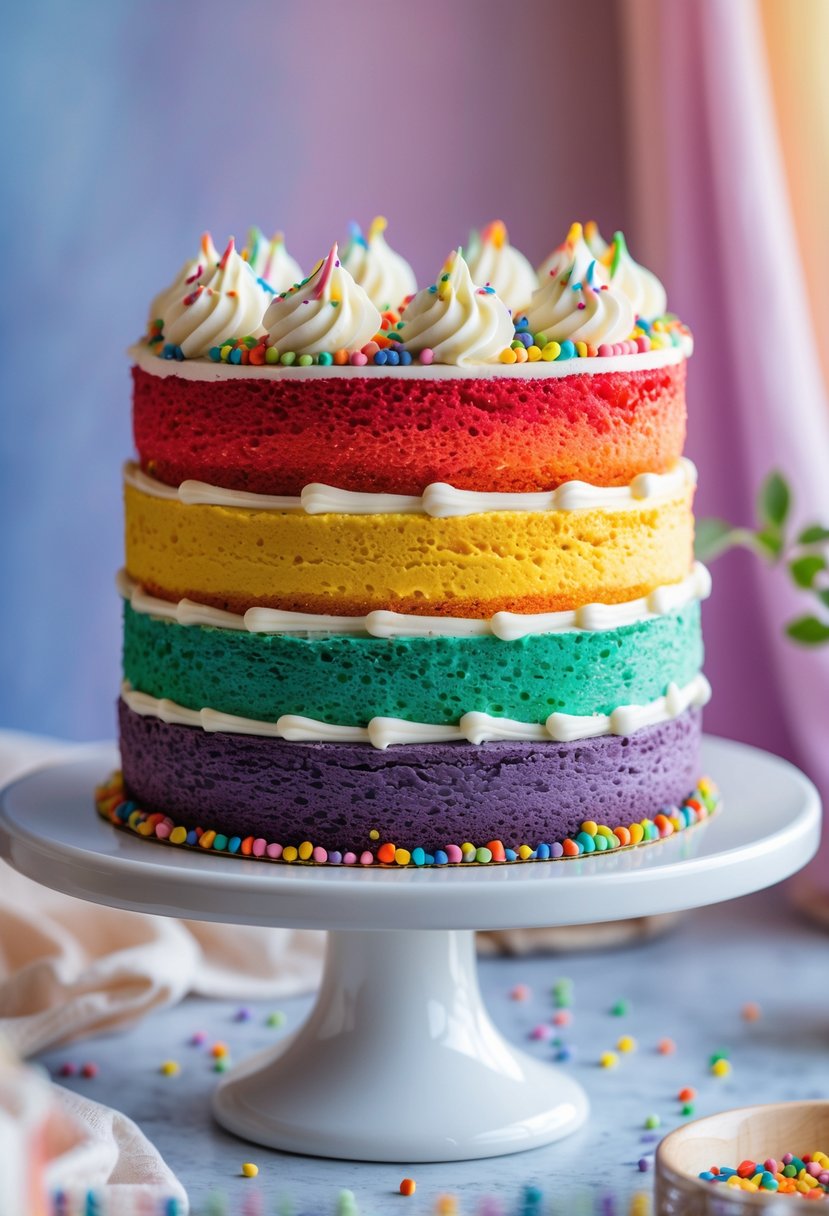 A rainbow layer cake with bright colorful layers and white frosting on a cake stand.