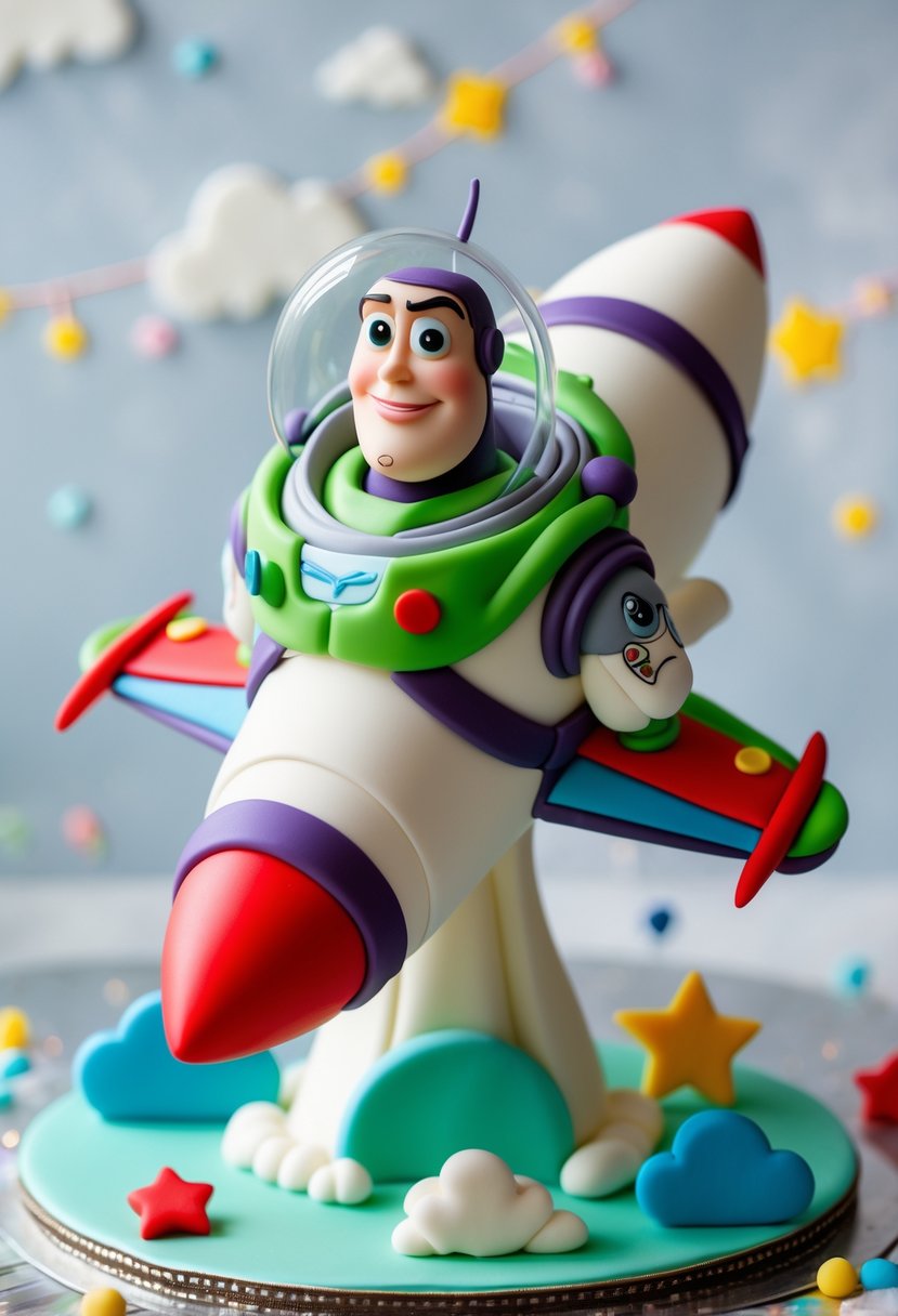 A colorful Buzz Lightyear figure flying on top of a rocket-shaped cake with space-themed decorations.