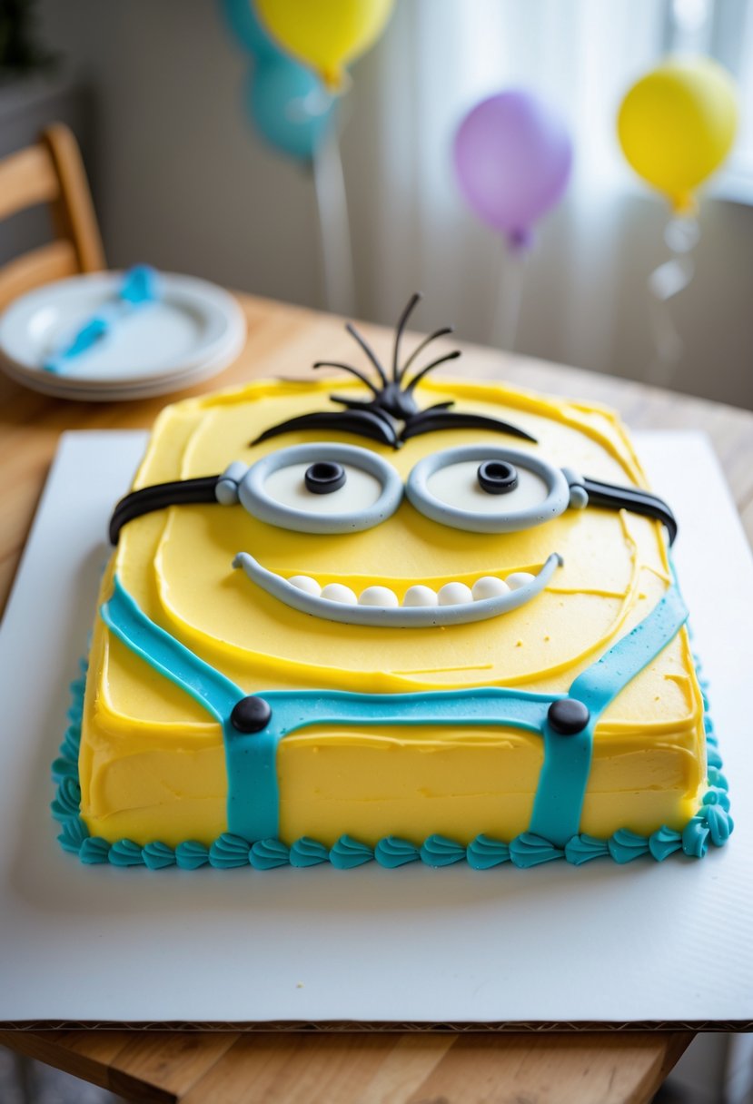 A rectangular buttercream cake decorated with Minion faces on a wooden table with party decorations in the background.