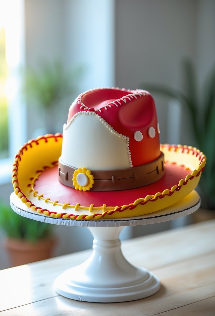 A colorful cake shaped like a cowgirl hat on a white cake stand on a wooden table.