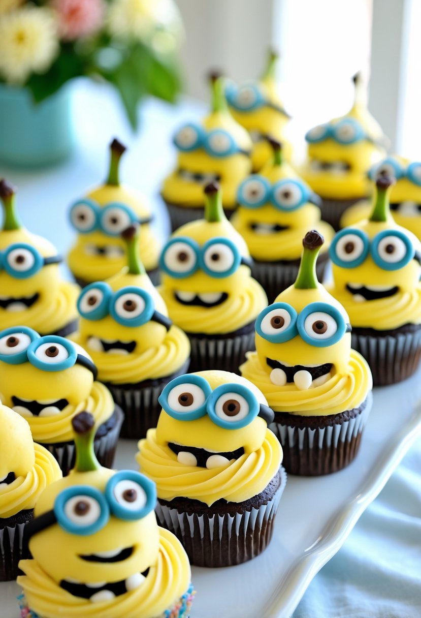 Banana-shaped cupcakes decorated with Minion-themed details arranged on a white platter at a party.
