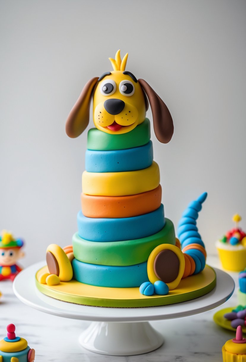 A colorful Slinky Dog-themed cake shaped like the character from Toy Story, displayed on a white cake stand with small toy decorations around it.