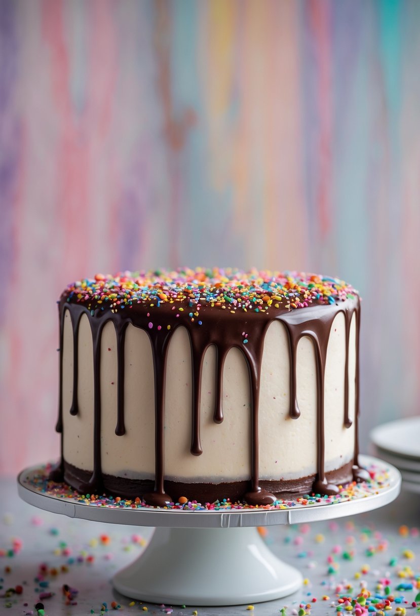 A chocolate ganache drip cake with colorful sprinkles on top, displayed on a white cake stand.