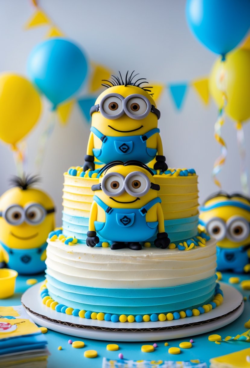 A colorful Minion-themed cake with marshmallow frosting and edible Minion figures, surrounded by party decorations.