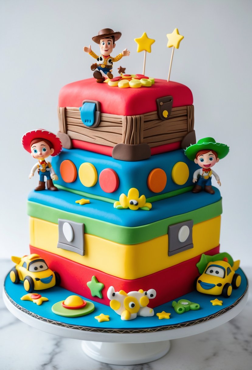 A colorful multi-layered cake decorated with Toy Story character figures and toy-themed details resembling a toy chest.