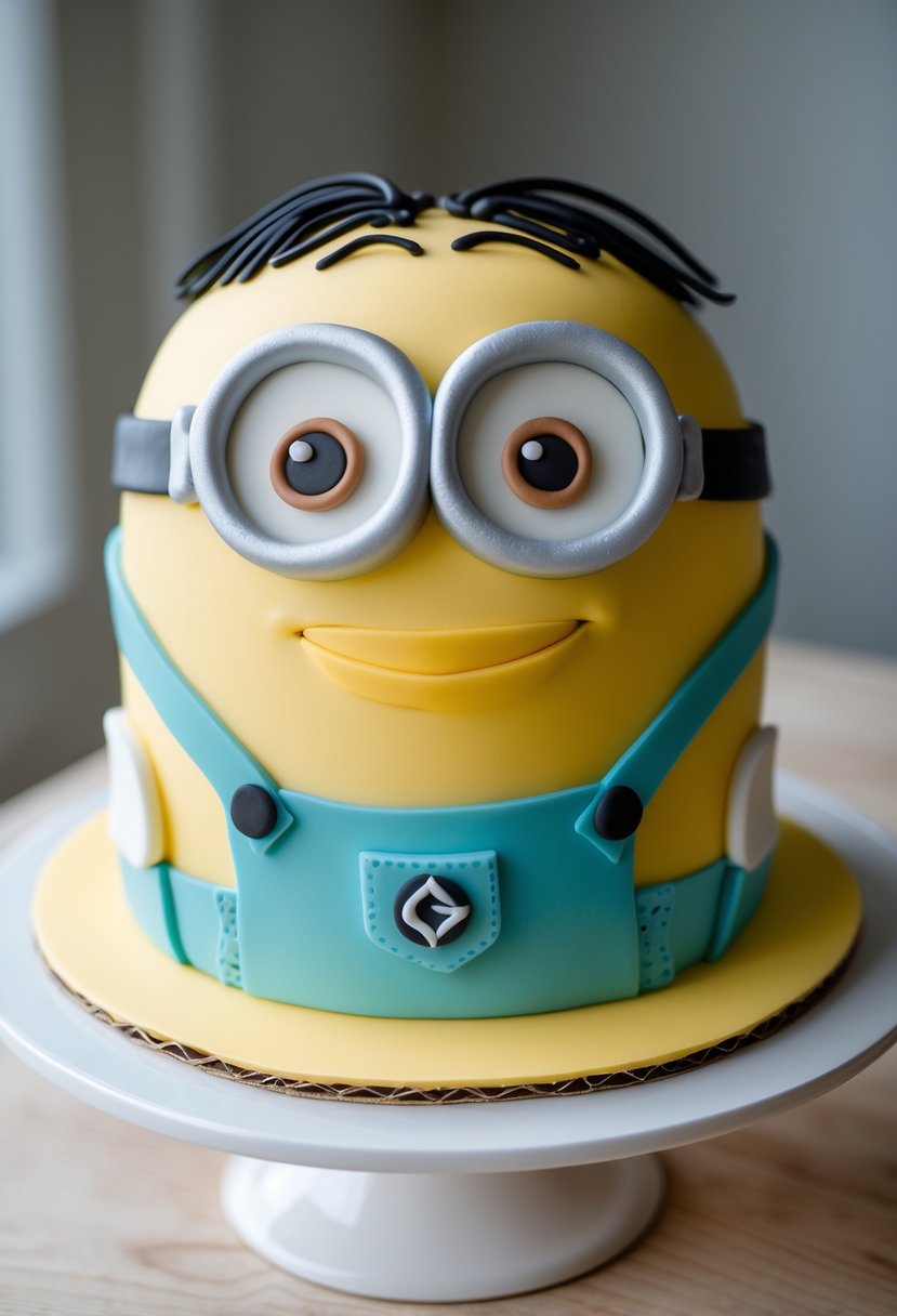 A round cake decorated to look like a Minion face with fondant goggles and a smiling mouth on a white cake stand.