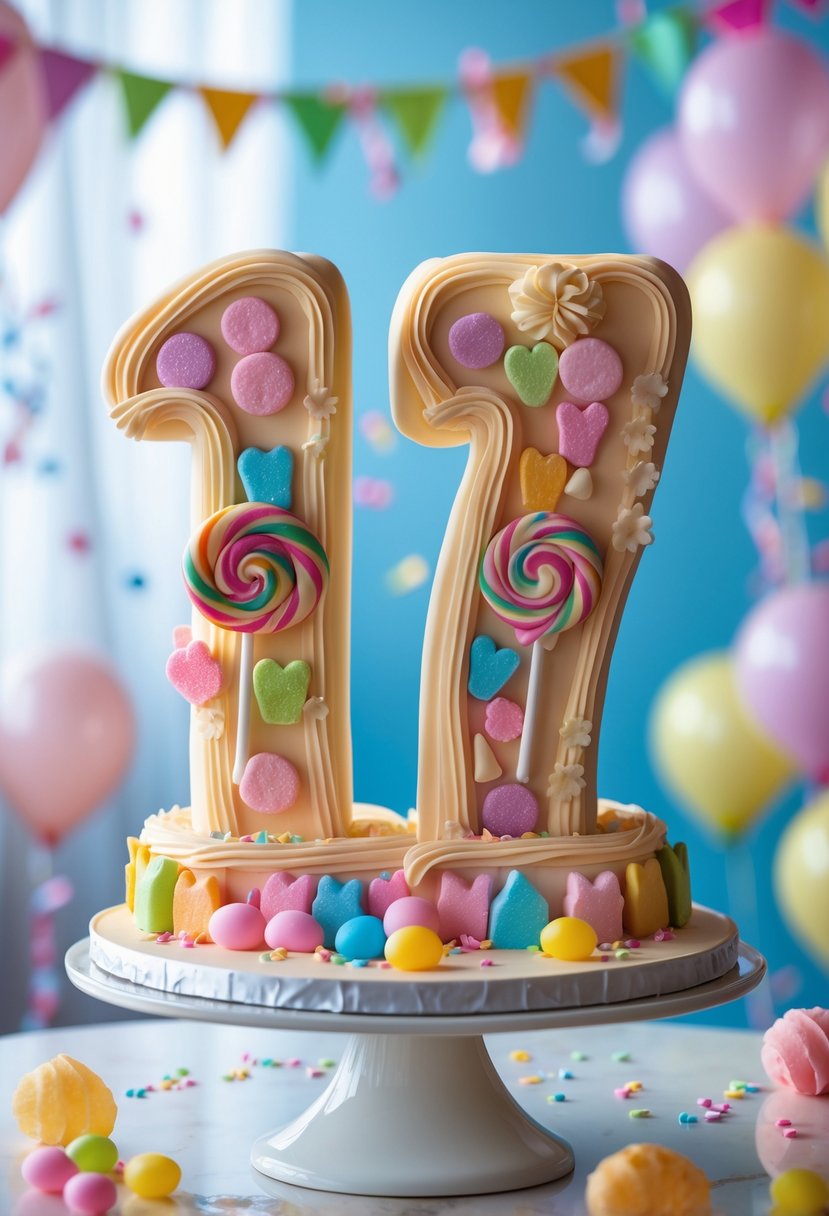 A number 17 shaped birthday cake decorated with various colorful candies on a cake stand.