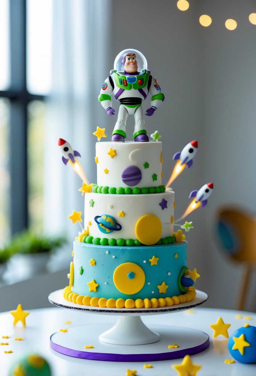 A colorful multi-tiered Buzz Lightyear space mission cake with stars, planets, and a small Buzz Lightyear figure on top on a bright table.