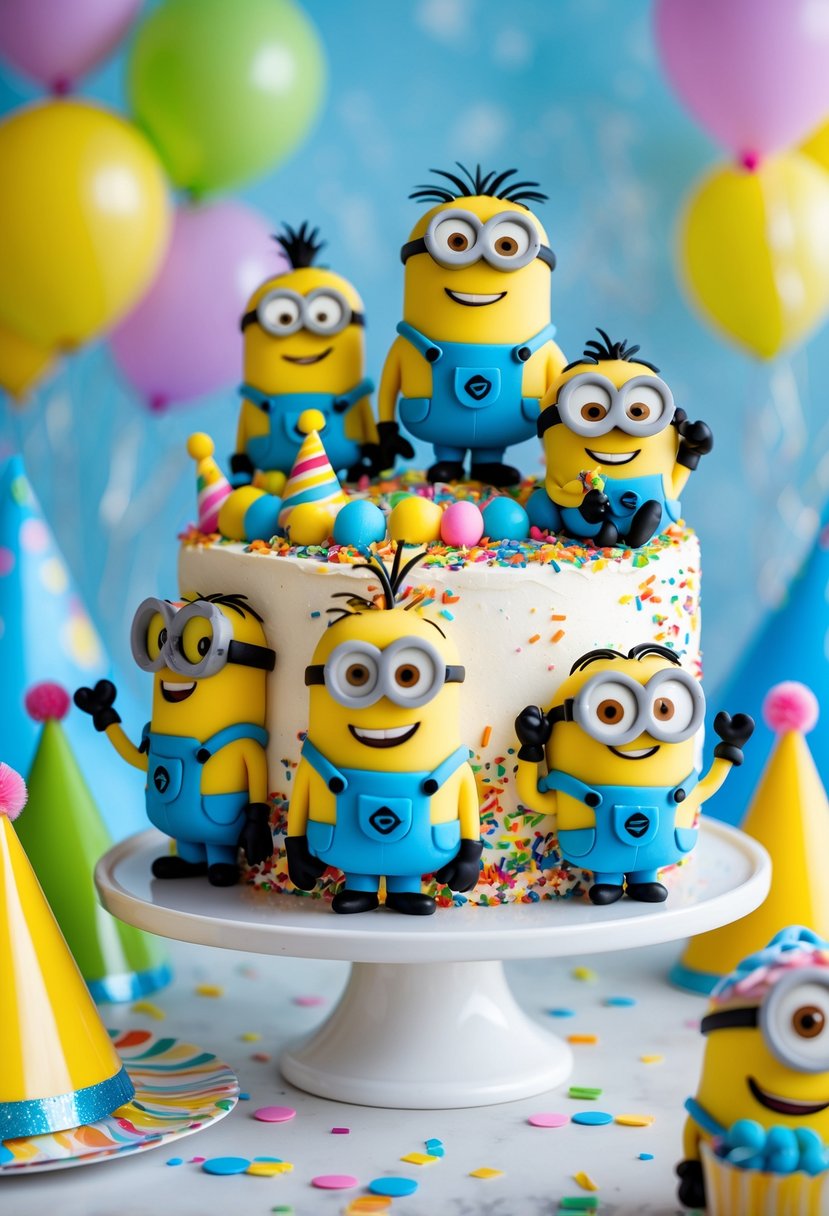 A colorful Funfetti cake decorated with Minion-themed edible toppers on a table with balloons and confetti around it.