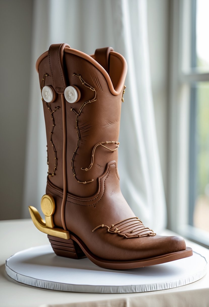 A detailed cake shaped like a cowboy boot with a golden spur on a white background.