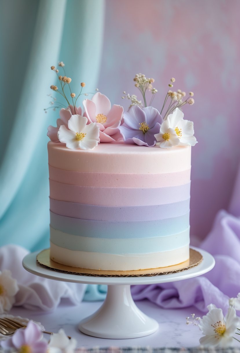 A pastel ombre birthday cake with smooth fondant and delicate decorations on a white stand.
