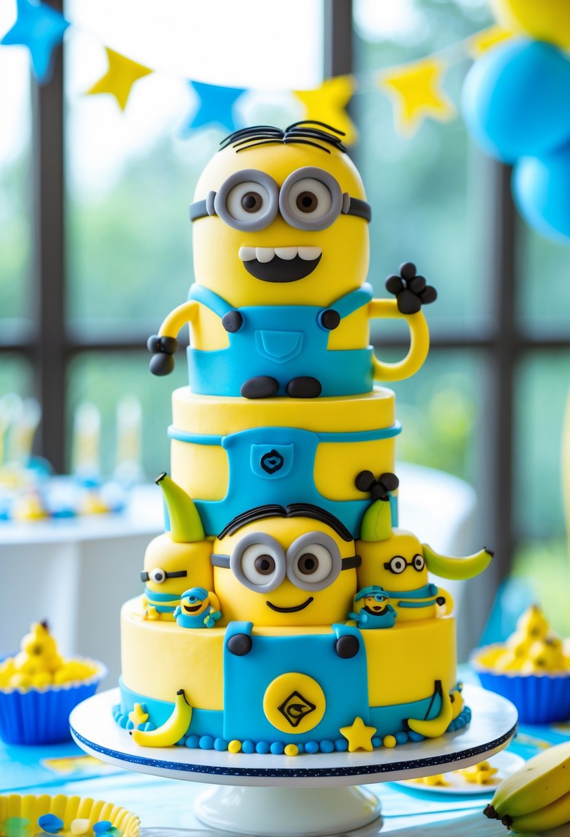 A multi-layered Minion-themed tower cake decorated with yellow and blue colors and Minion faces on each tier.