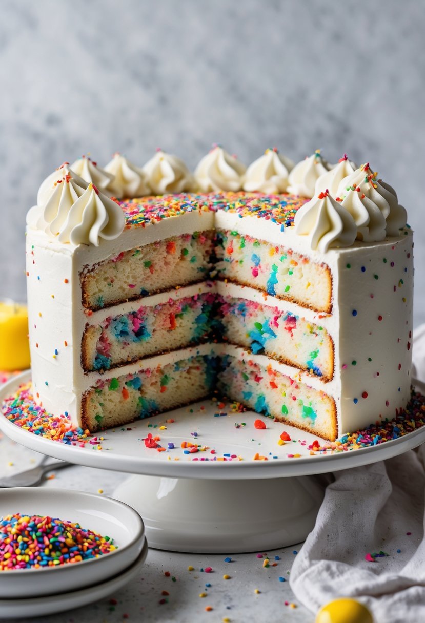 A sliced funfetti cake with colorful confetti sprinkles inside and white frosting on top on a white plate.