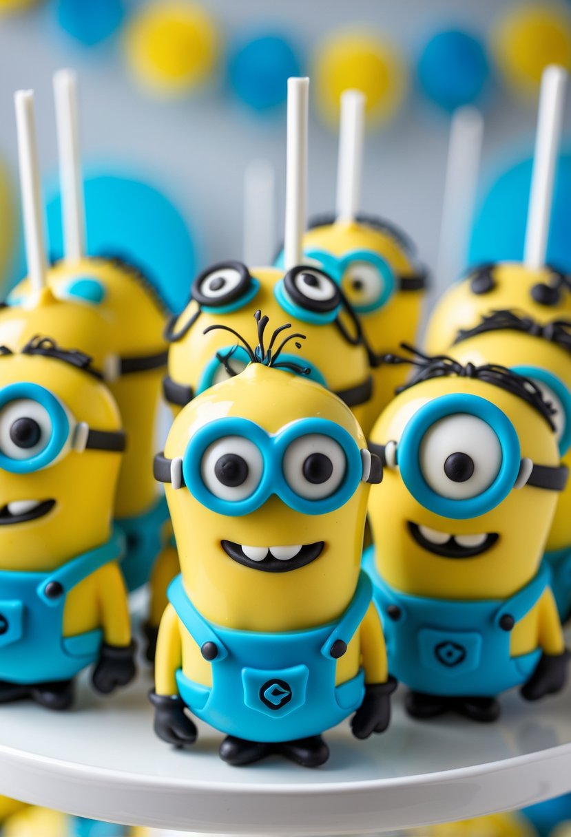 Several yellow Minion-themed cake pops with detailed faces arranged on a white platter with party decorations in the background.