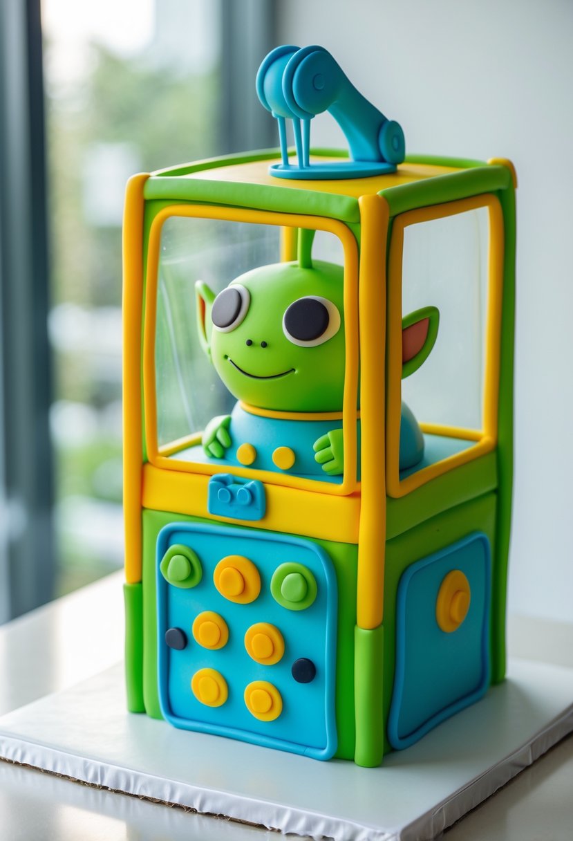 A colorful cake shaped like an alien claw machine from Toy Story with a green alien inside a clear box and a claw above it.