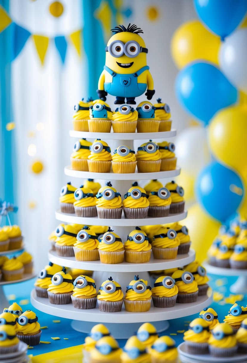 A tiered cupcake stand filled with yellow Minion-themed cupcakes decorated with edible toppers, surrounded by party decorations.