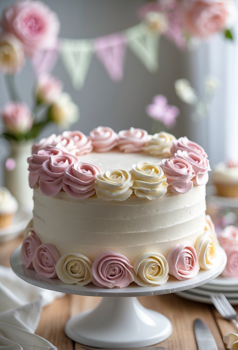 A vanilla cake decorated with buttercream roses on a cake stand, set on a wooden table with soft birthday decorations in the background.