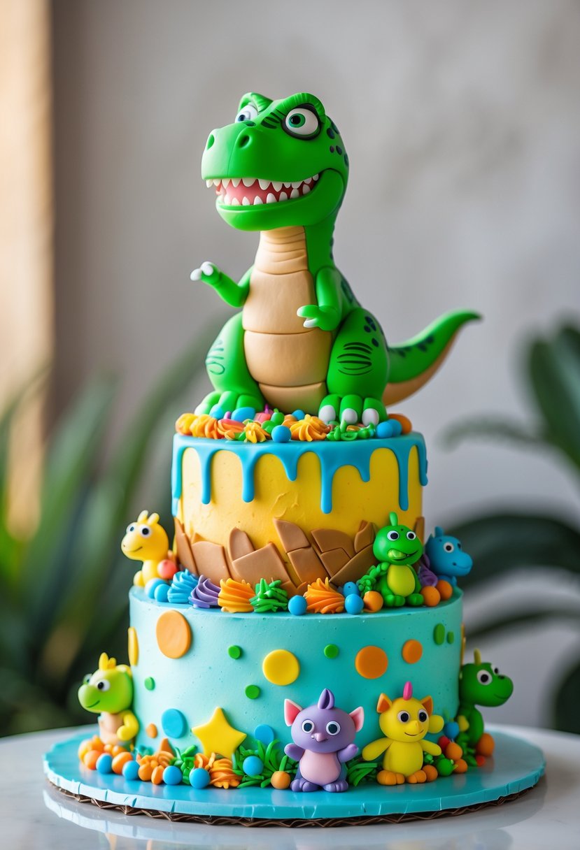 A colorful Rex dinosaur themed cake with a green dinosaur figure on top, decorated with bright icing and toy-themed decorations on a white surface.
