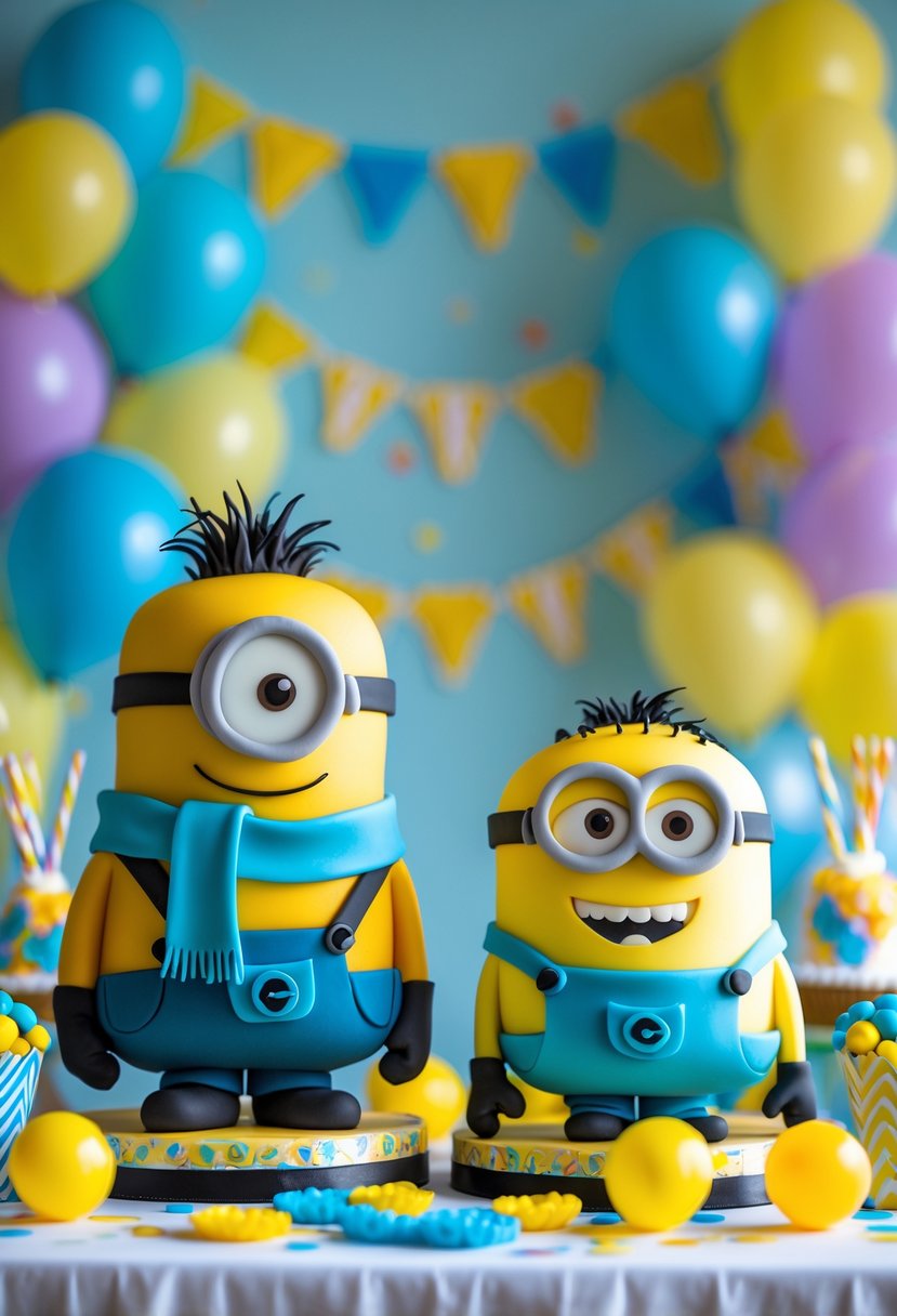 A party table with two decorated cakes, one resembling Gru and the other featuring Minions, surrounded by colorful balloons and decorations.