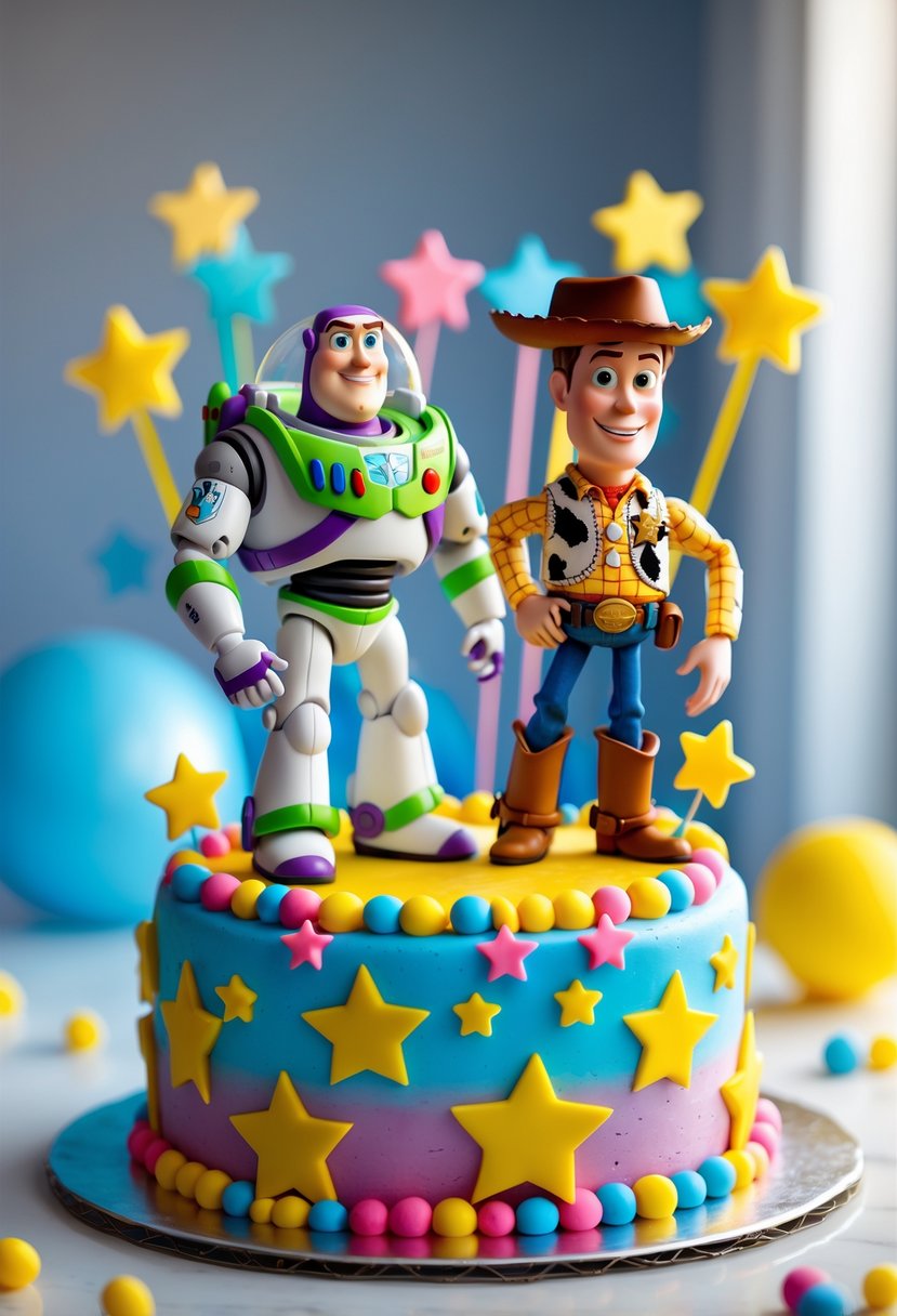 A birthday cake decorated with figurines of Buzz Lightyear and Woody surrounded by colorful stars.