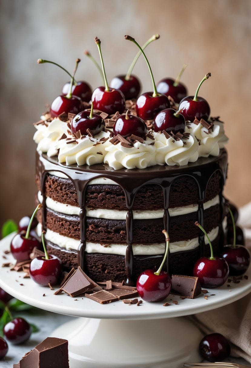 A Black Forest cake with chocolate layers, whipped cream, and cherries on a white cake stand.