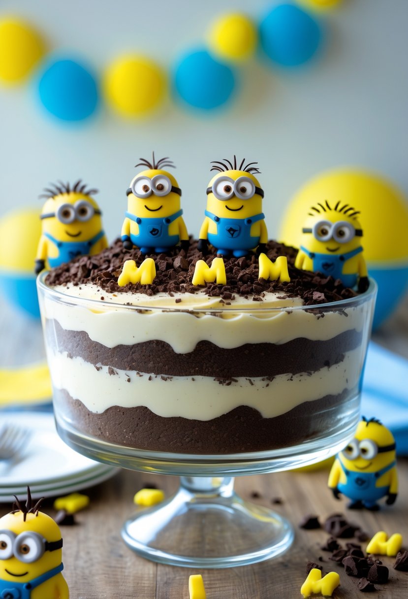 A Minion-themed dirt cake dessert topped with chocolate cookie crumbs and decorated with Minion-inspired edible decorations in a clear glass dish.
