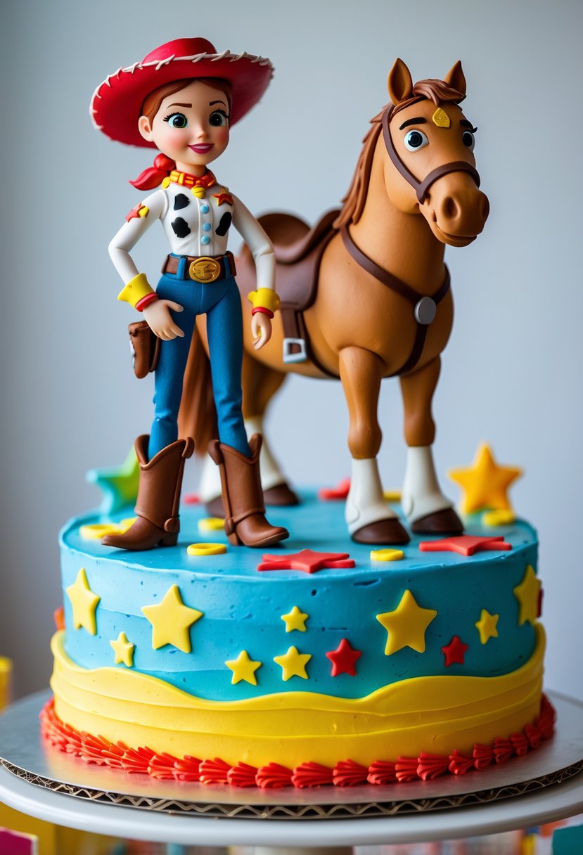 A colorful Toy Story themed cake featuring Jessie the cowgirl and Bullseye the horse figurines on top.