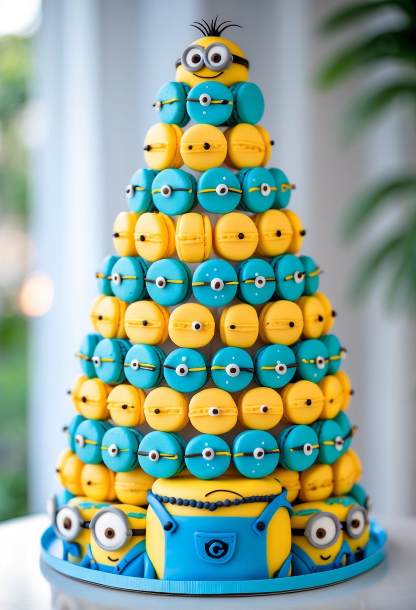 A multi-tiered tower of yellow and blue macarons decorated with Minion-inspired designs on a white table.