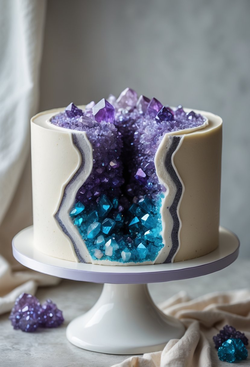 A geode cake decorated with sparkling crystallized sugar formations in purple and blue, displayed on a white cake stand.