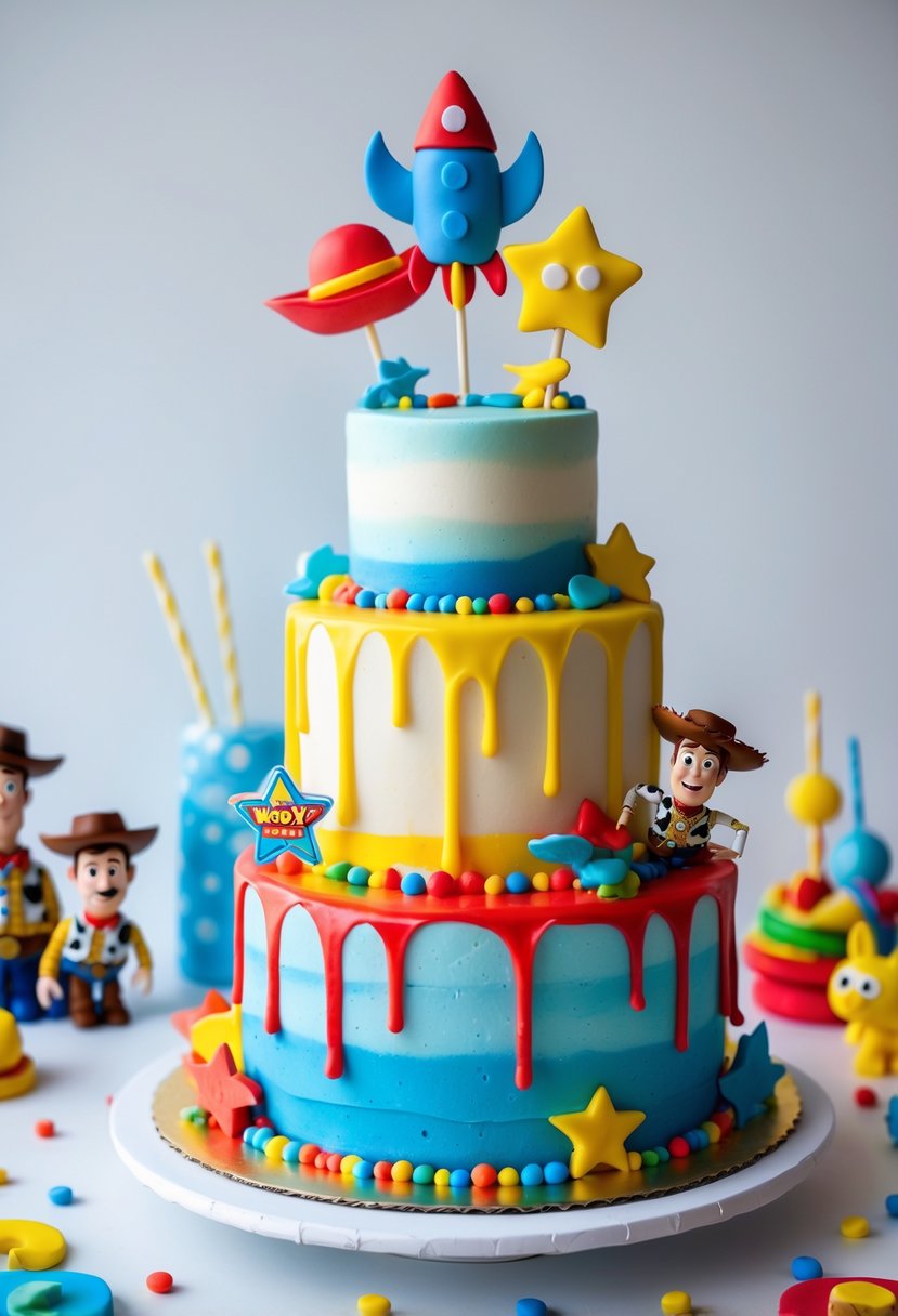 A colorful multi-tiered drip cake decorated with Toy Story-themed edible decorations and small character figurines on a white background.