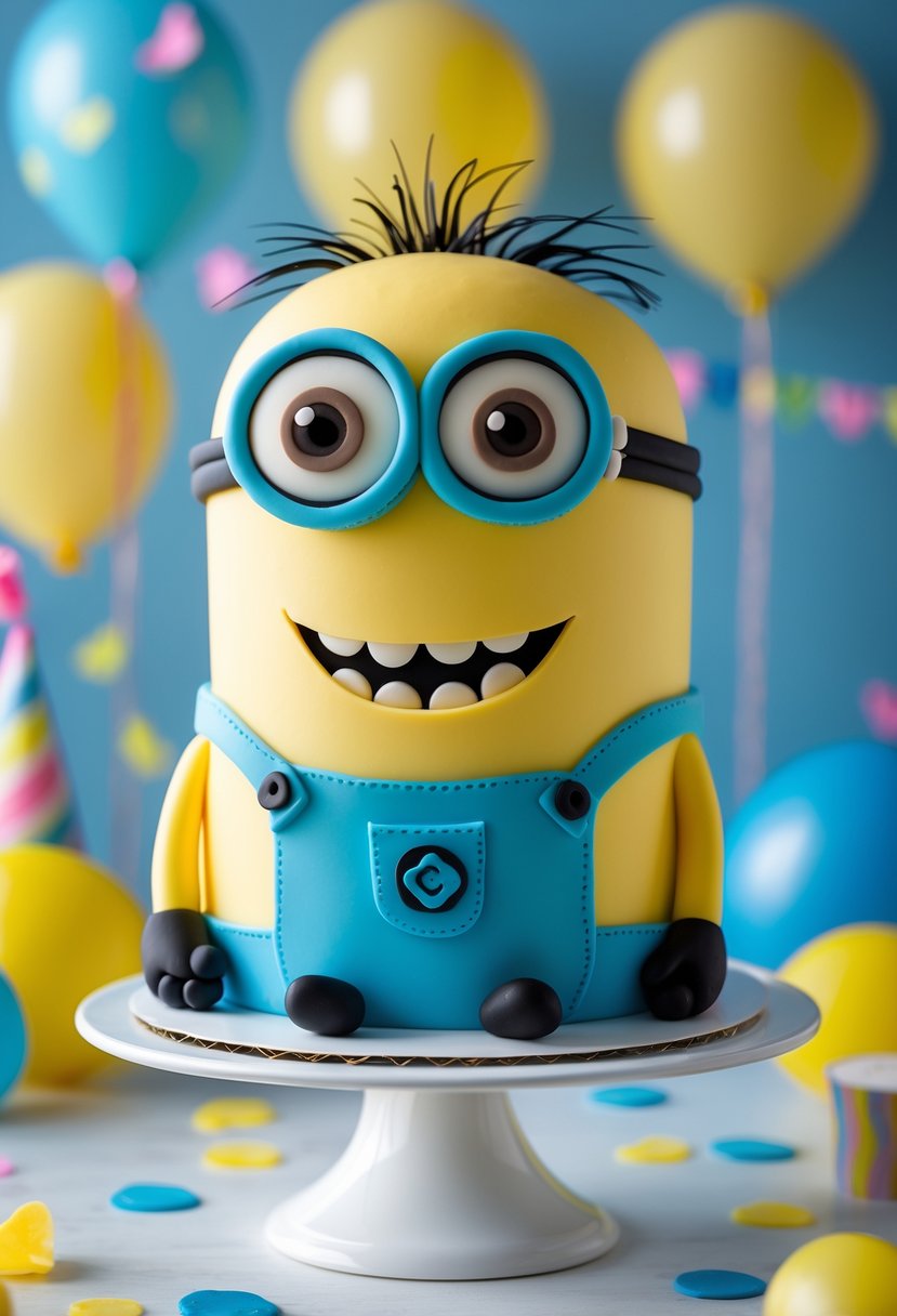A colorful Minion-themed cake with large edible eyes and silly expressions on a white cake stand surrounded by party decorations.