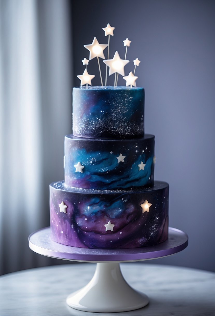 A multi-tiered birthday cake decorated with galaxy colors and shimmering stars on a white cake stand.