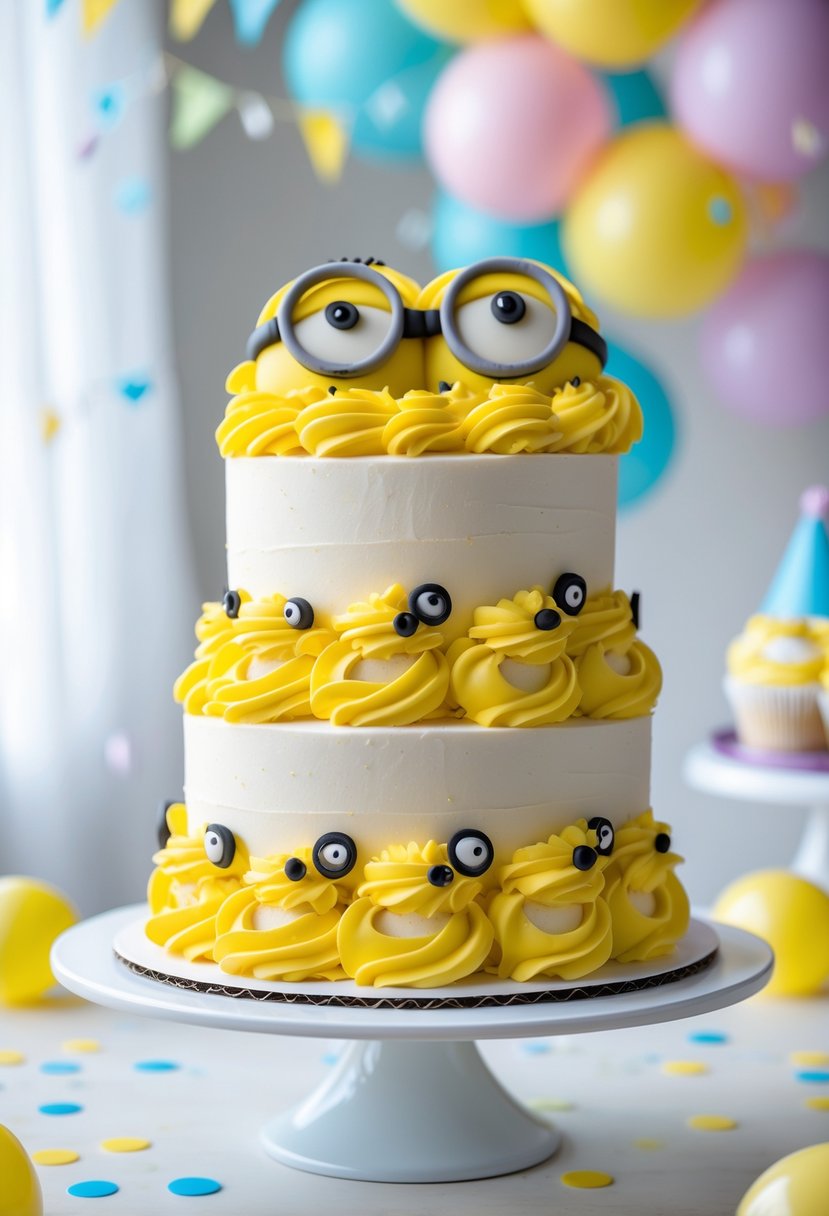 A colorful party cake decorated with bright yellow buttercream swirls inspired by Minions, placed on a white cake stand with soft party decorations in the background.