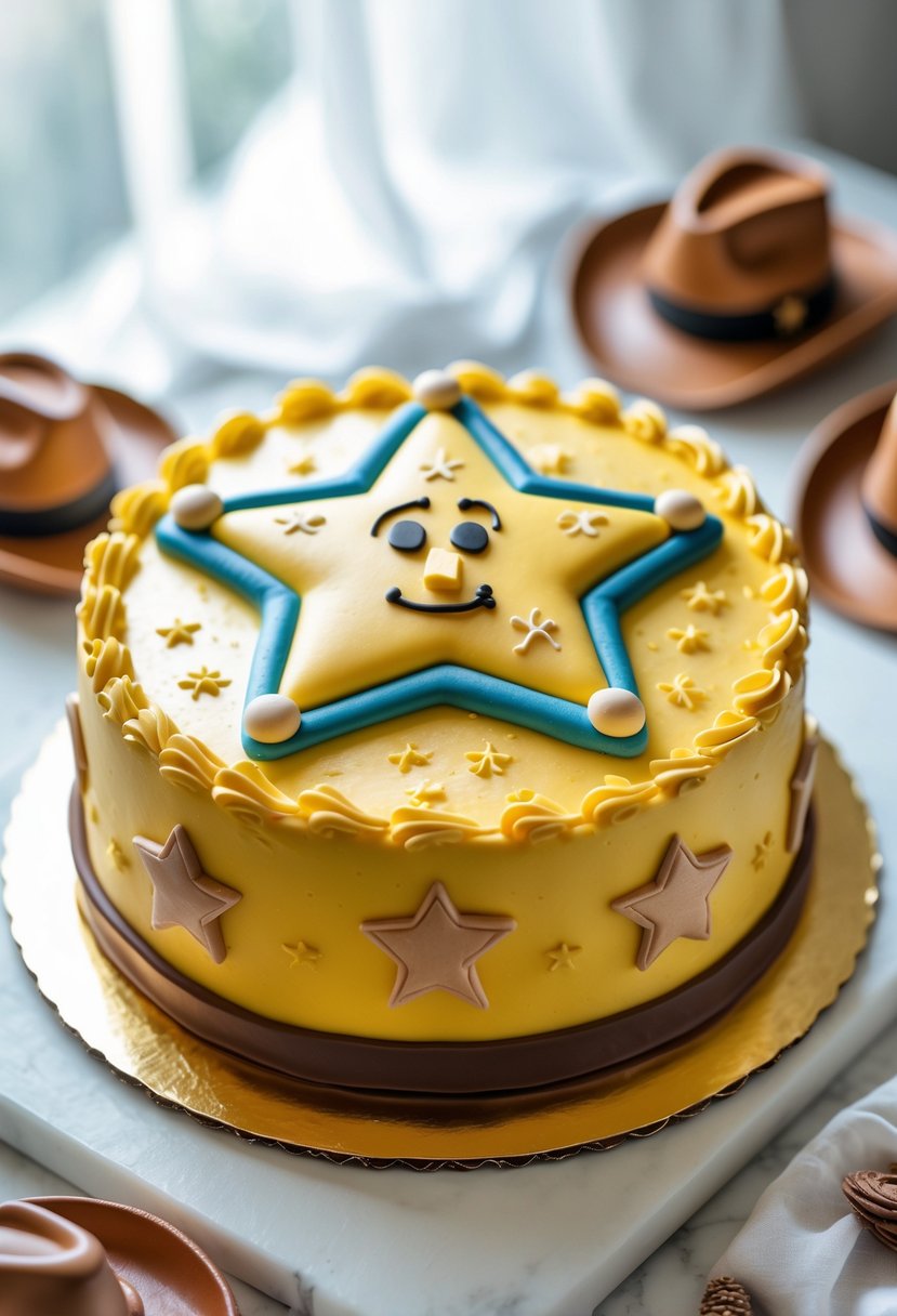 A round cake designed to look like Woody's sheriff badge from Toy Story, displayed on a white surface with small cowboy-themed decorations around it.