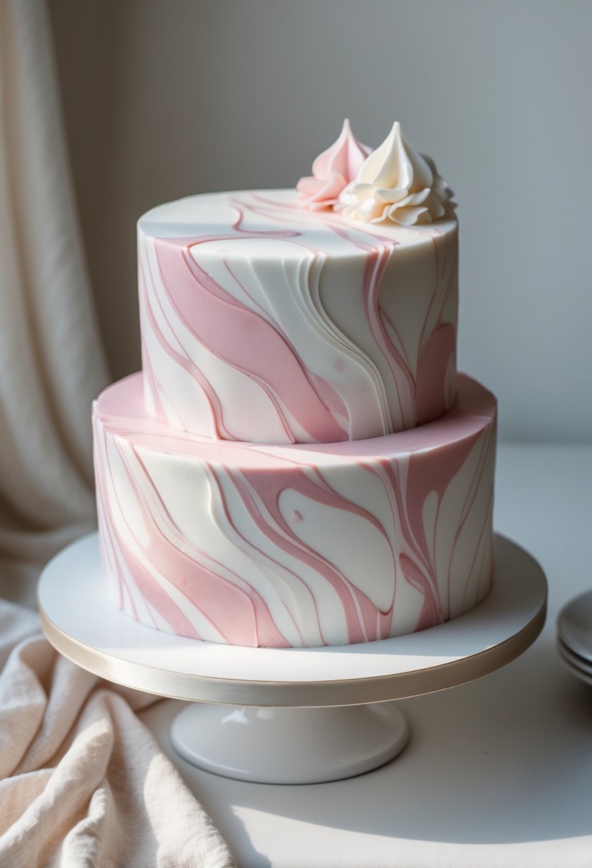 A round multi-tiered cake with soft pink and white marble patterns on a white cake stand.