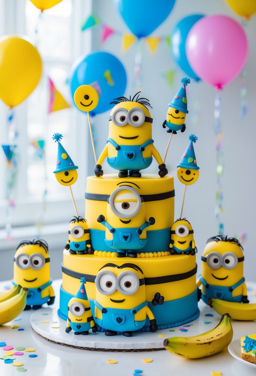 A multi-tiered Minion-themed cake with colorful frosting and Minion figurines as party toppers on a decorated table.