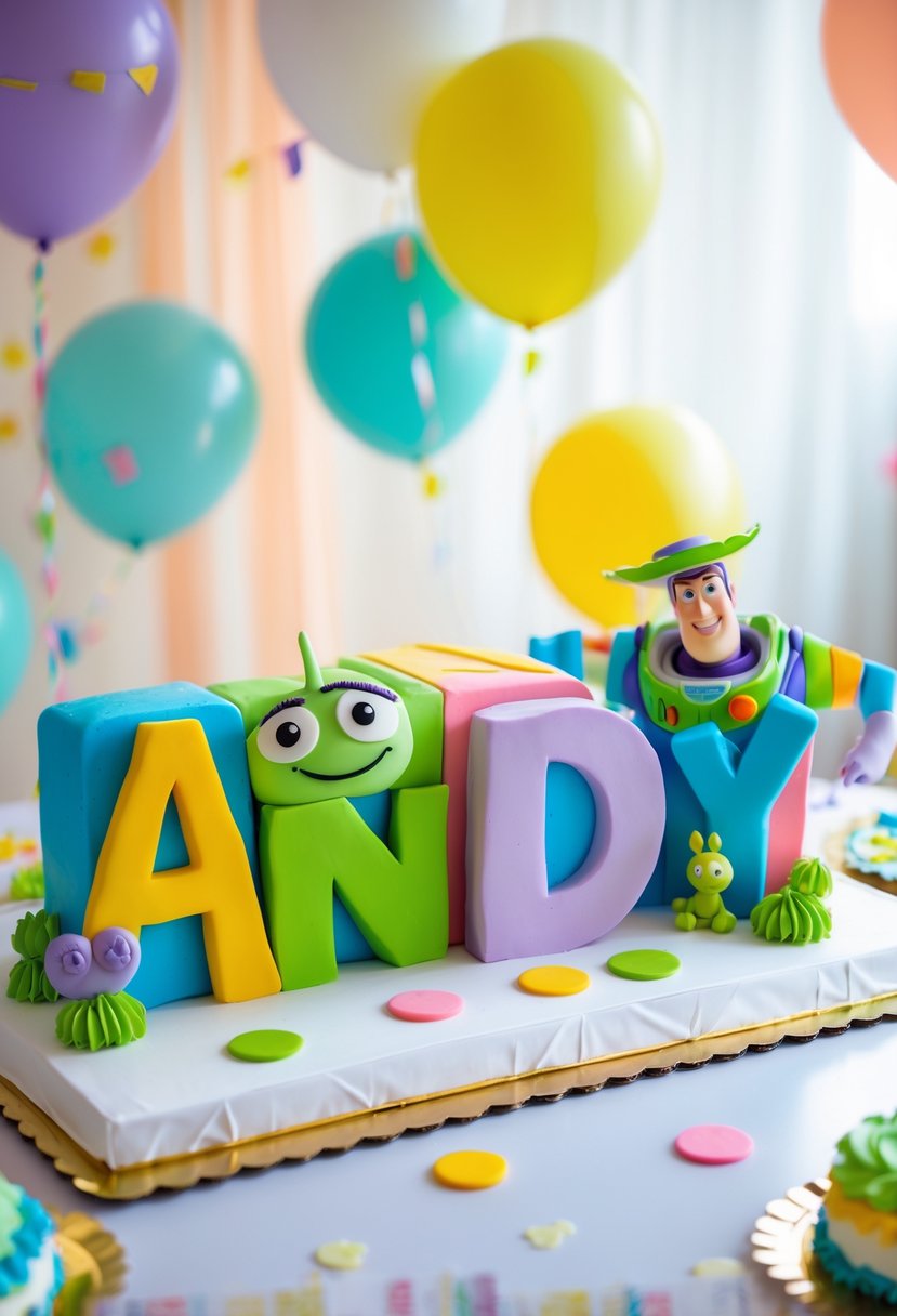A colorful block letter cake spelling 'Andy' decorated with Toy Story characters on a white table with balloons and confetti.