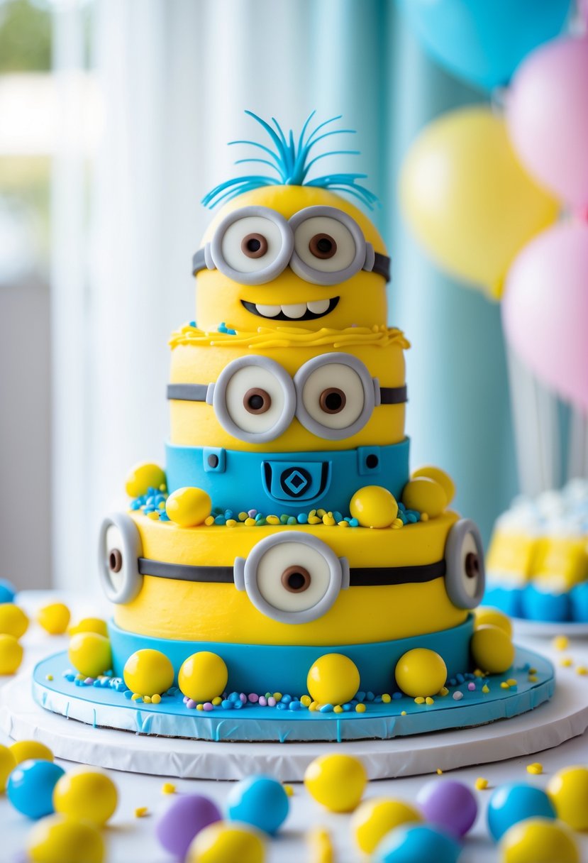 A multi-tiered Minion-themed cake decorated with candy jawbreakers on a party table with balloons and confetti in the background.