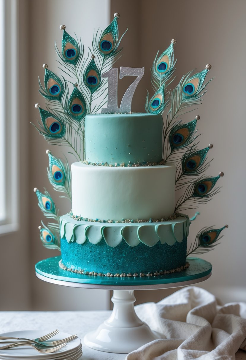 A multi-tiered birthday cake decorated with edible peacock feathers and glitter on a white cake stand.