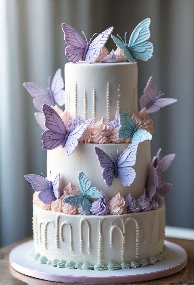A multi-tiered birthday cake decorated with delicate piping and edible butterflies in pastel colors.