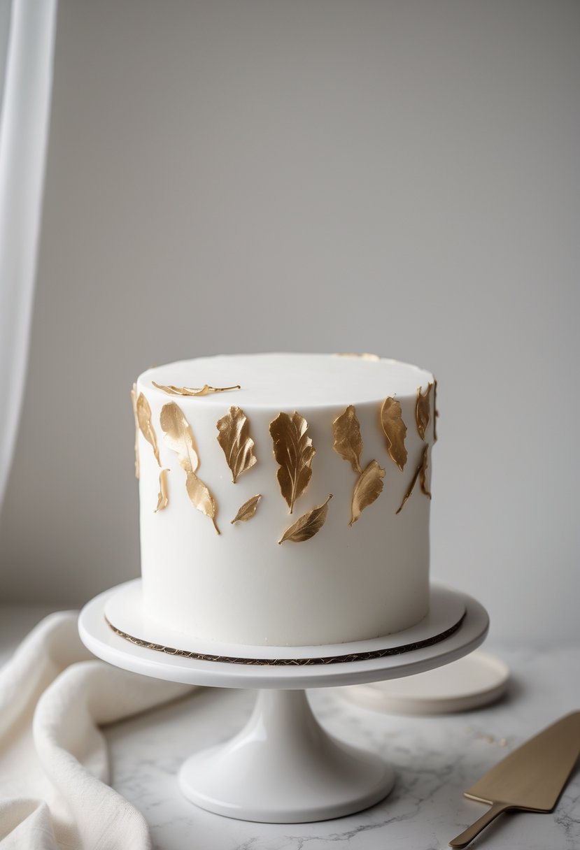A white birthday cake with gold leaf accents on a white cake stand against a neutral background.