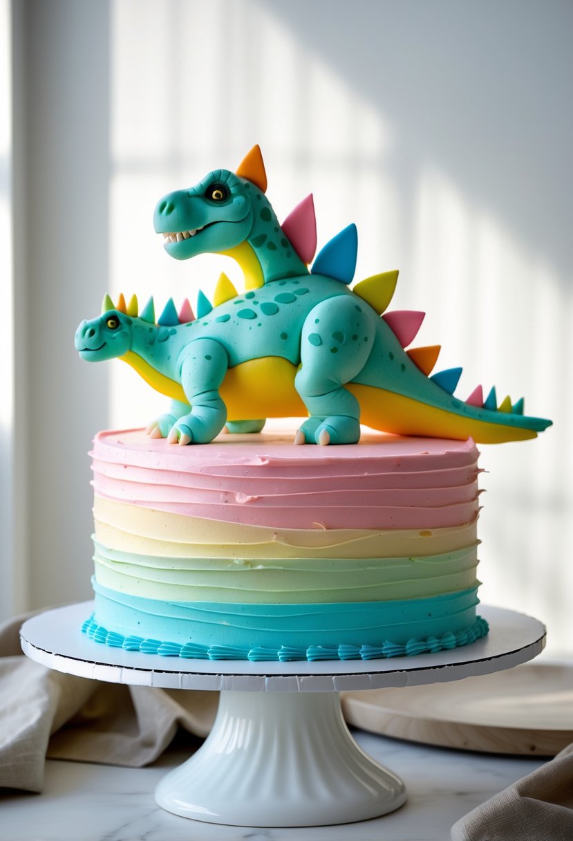 A colorful stegosaurus-shaped cake decorated with buttercream frosting and spikes.