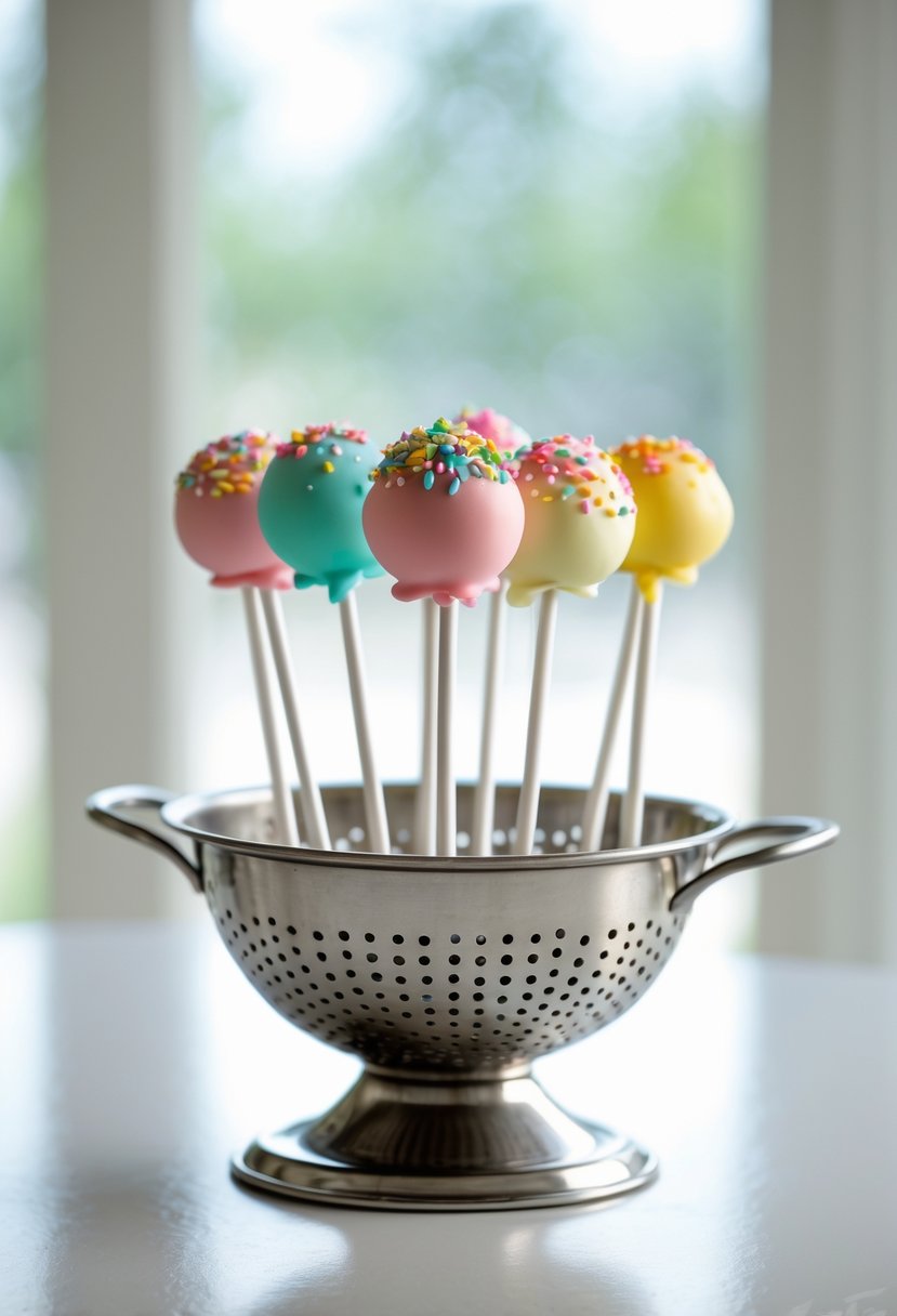 Colorful cake pops displayed upright on an upside-down colander used as a stand on a bright surface.
