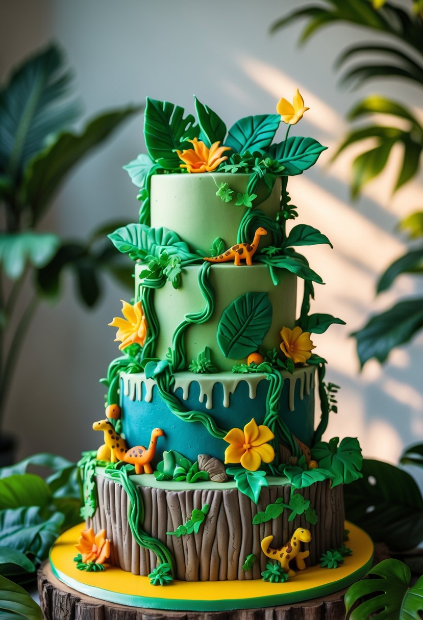A multi-tiered jungle-themed cake decorated with edible leaves, vines, and small dinosaur figures.