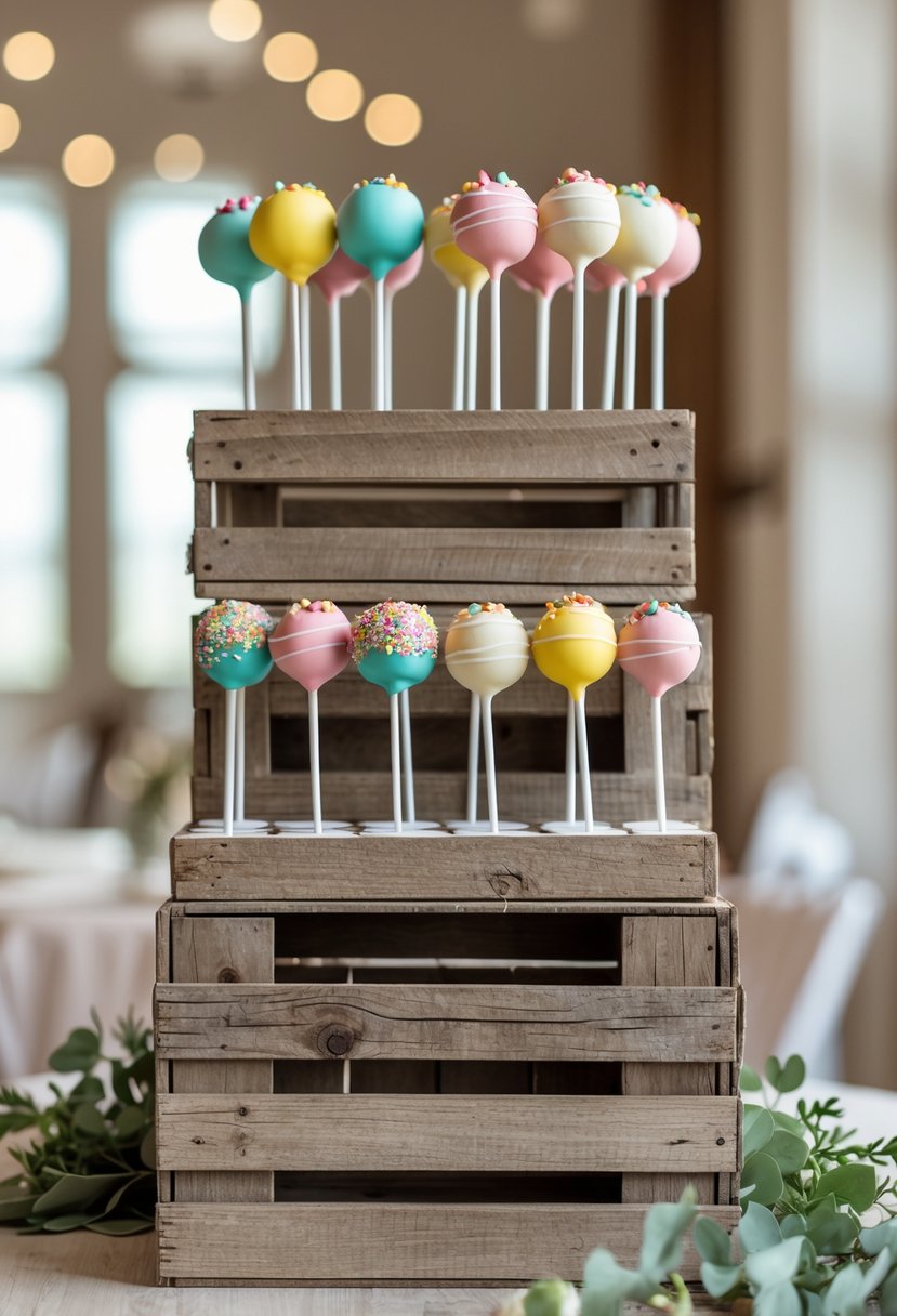 A rustic wooden crate display holding colorful cake pops arranged at different heights on a table.
