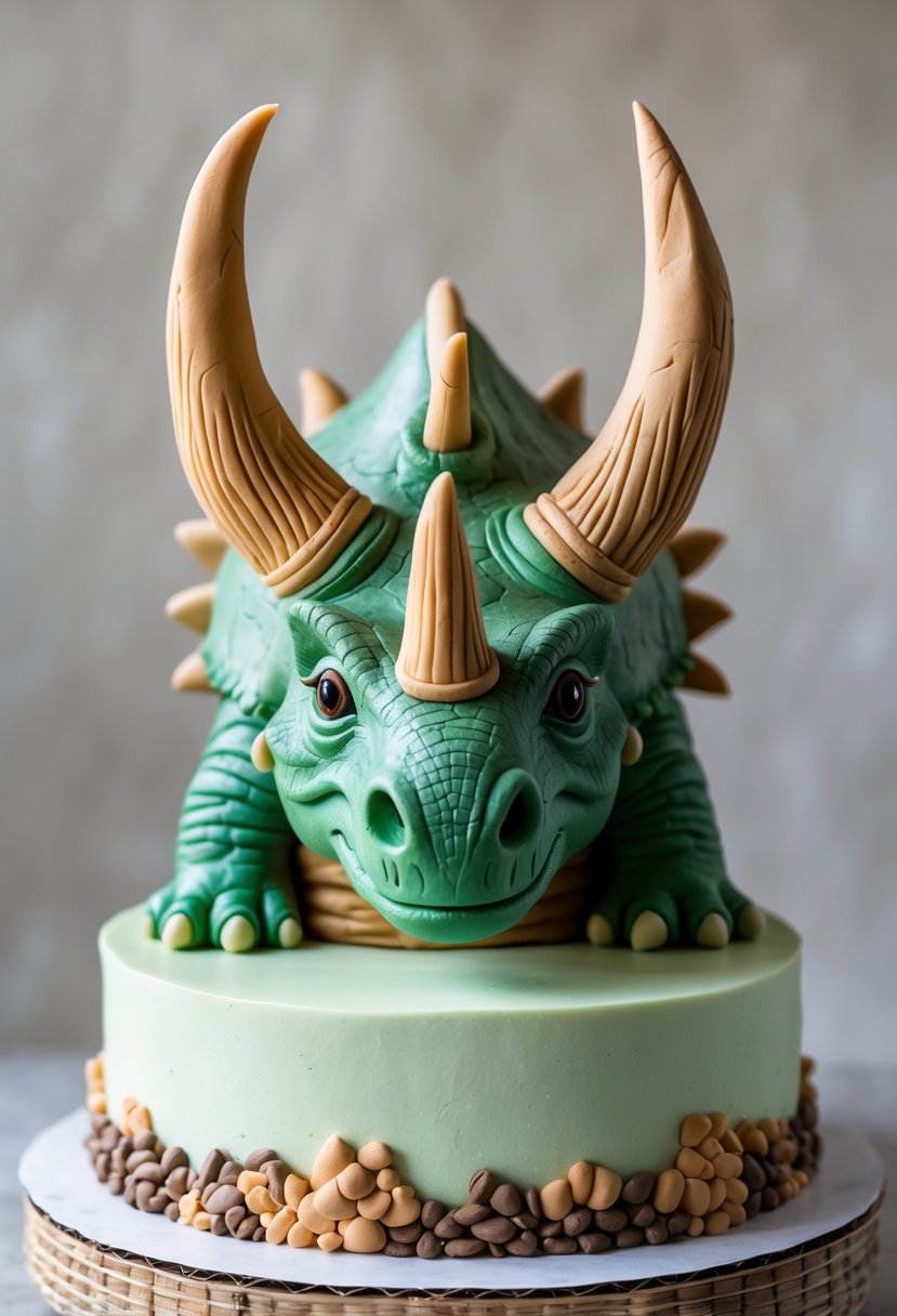 A fondant triceratops cake topper with detailed horns on a plain background.