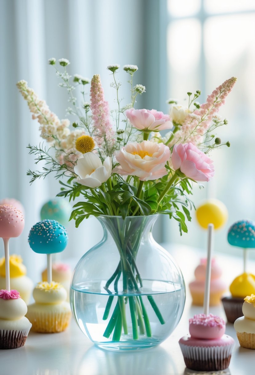 A clear glass vase filled with floral fillers next to colorful cake pops arranged on a light surface.