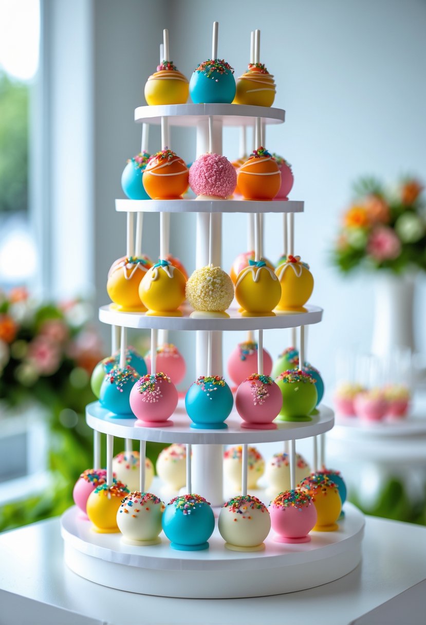 A multi-tiered stand filled with colorful decorated cake pops arranged neatly on each level.
