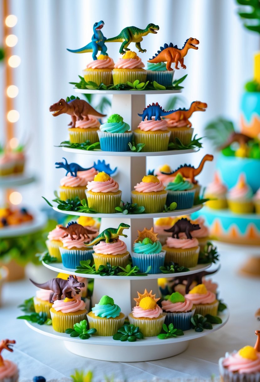 A multi-tier cupcake tower decorated with colorful dinosaur-themed toppers arranged for a children's party.